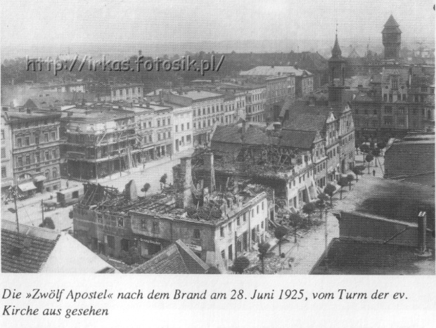 "Dwunastu Apostołów" po pożarze 28 czerwca 1925 r.- widok z wieży Koscioła ewangelickiego #Kluczbork #Kreuzburg #Pocztowka