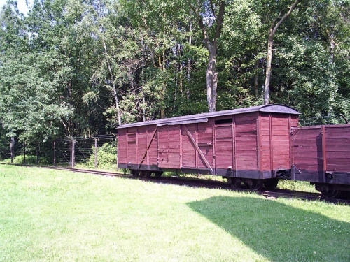 Wagon oraz bocznica kolejowa , którą przywożono wieźniów do obozu.