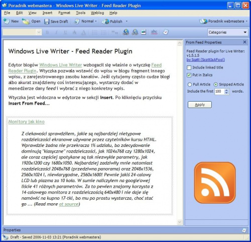 Windows Live Writer - Feed Reader Plugin: reedycja parametrów cytatu