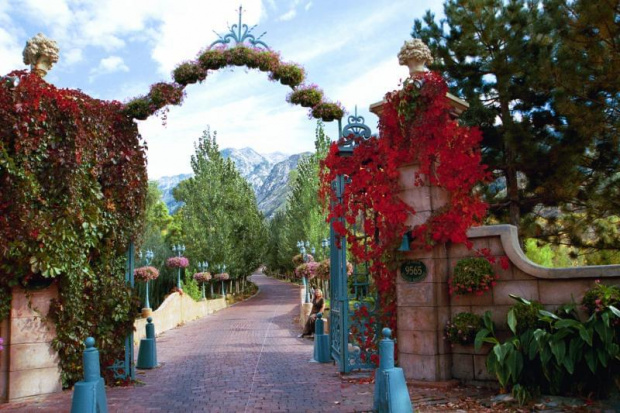 THE CHATEAU GATE AND ROMANTIC BRICK ROAD IN AUTUMN DECORATIONS.Tuz po wjezdzie na teren posiadlosci, zwraca uwage nie tylko bujna roslinnosc, lecz takze wielka roznorodnosc ziela lesnego - jasnozielona sciana brzoskwin, pas sosen, dabki i buki, dzikie...