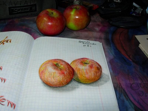 This is a picture from my note book ^o^'' teacher said to drow something nice..on example some fruits..maybe apple^_-